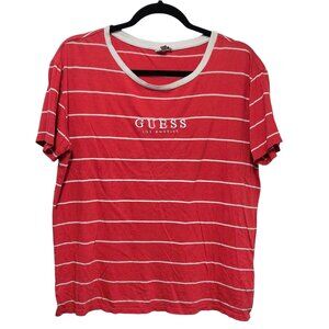 GUESS Red White Striped Logo Print Front Scoop Neck Short Sleeve Top M